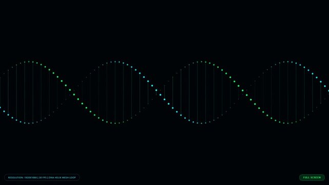 Abstract glowing digital dna strand made of dots and lines on dark background showing science research technology genetics and medical data visualization for healthcare biotech study and development