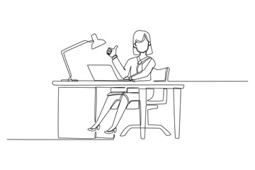 Fototapeta premium A continuous line drawing of an accomplished human woman working as a businesswoman sitting at an office desk with a laptop and lamp, showing a thumbs up gesture to celebrate daily work success.