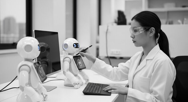 Young research engineer calibrating an advanced robot assistant in a high-tech laboratory setting