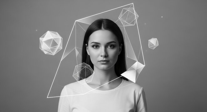 Young Woman With Futuristic Geometric Overlays In A Modern Studio Portrait