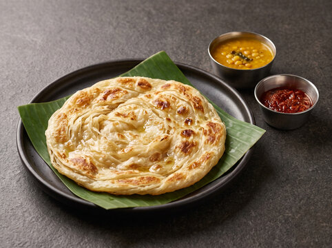 Roti canai or paratha flatbread served with dal curry and spicy sambal on a banana leaf and dark plate