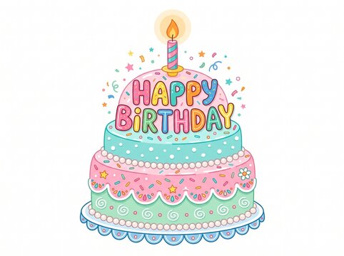 Cute Colorful Three Tiered Birthday Cake with Happy Birthday Text, One Lit Candle and Confetti