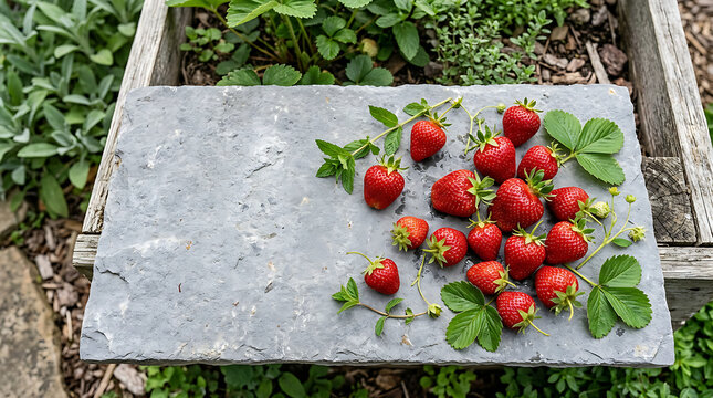 Freshly harvested strawberries on a stone slab.