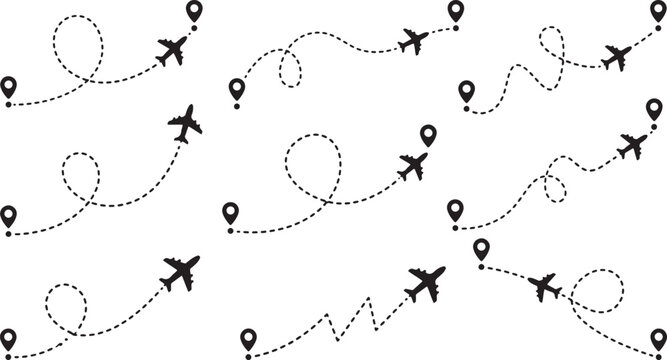 Minimalist vector set of airplane flight paths and map markers for travel and logistics navigation