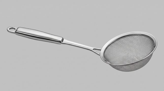 Stainless steel fine mesh strainer with long handle. Professional metal kitchen sieve for cooking. Silver wire colander tool.