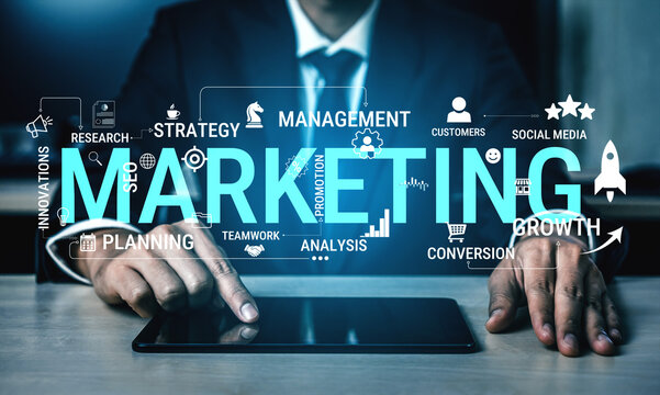 Businessman Analyzing Marketing Strategies with Tablet and Innovative Concepts in Digital Marketing Environment Haptic.