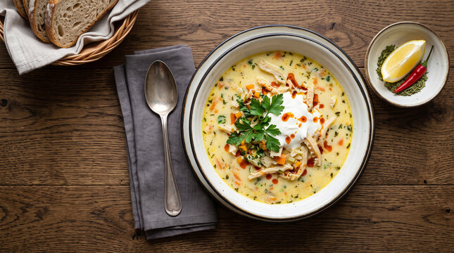 Romanian dish ciorba de burta/ tribe soup on a table seen from above with copy space, ad image traditional romanian food