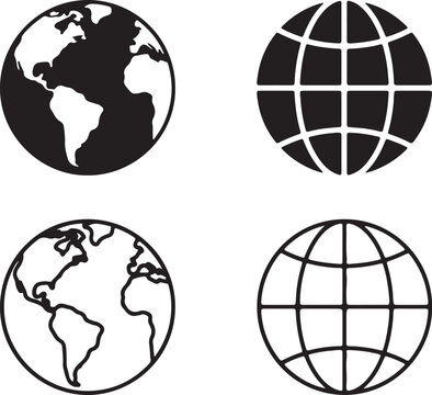 Set of four minimalist black and white globe icons featuring flat world map designs for global communication and international business