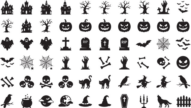 Halloween icons set featuring spooky silhouettes of pumpkins, ghosts, haunted houses, and witches in a minimalist flat design vector collection