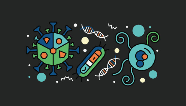 Microbiology concept illustration featuring colorful virus cell bacterium macrophage and DNA strands on black.