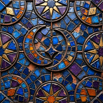 
Celestial Mosaic: Golden Moons and Starry Night