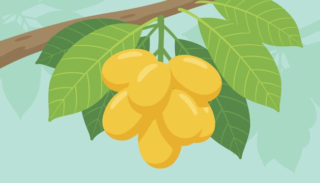 Bright tropical marian plums or maprang hanging from a branch surrounded by lush green leaves in a flat vector style.