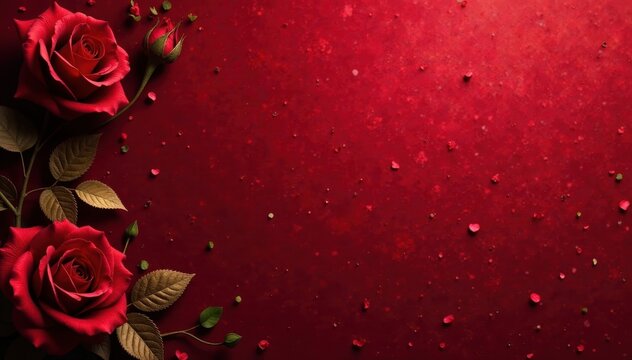 Deep crimson velvet backdrop, gold-foiled rose detail, dramatic, elegant