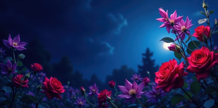 Deep red roses & purple clematis bloom under midnight sky, night sky, dramatic, stars