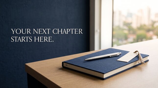 Your next chapter starts here quote on dark blue wall next to window with notebook pen and bookmark