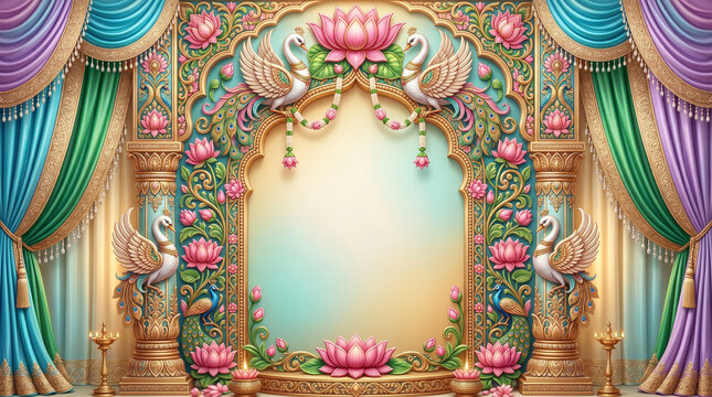 Luxury Indian Royal Wedding Decorative Backdrop with Peacock and Lotus Floral Ornament