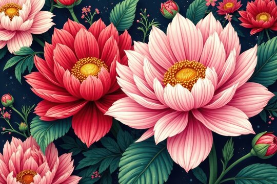 Intricate chrysanthemum & peony detail, bold Ukiyo-e colours , red, rich