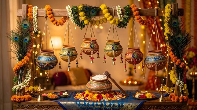 Krishna Janmashtami Temple Altar Decorated with Marigold Garlands, Butter Pots, and Sacred Offerings