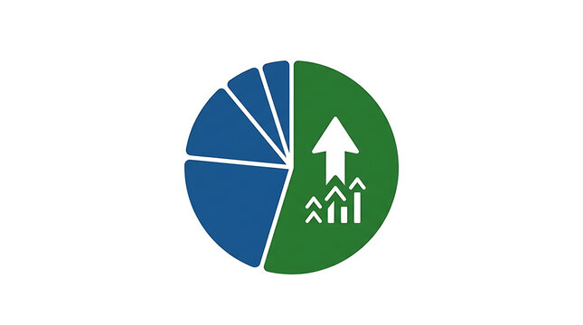 A circular pie chart icon featuring a large green segment with white upward growth arrows