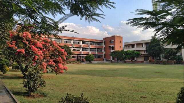 School Building with Green Lawn and Trees for Education Campus, Academic Learning, Elementary School, College, University, and Educational Institution Background

