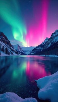 Vibrant aurora borealis illuminates frozen lake , peaceful, wilderness