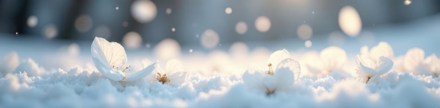 White petals fall like snow, soft focus, dreamy scene, falling, white
