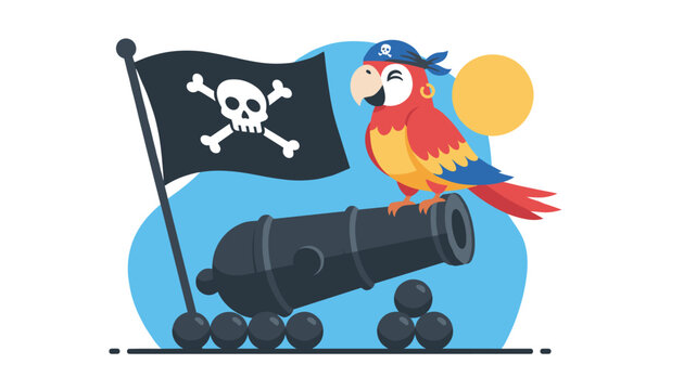 Cute cartoon pirate parrot wearing a bandana and earring perches on a black metal cannon next to a skull and crossbones flag.
