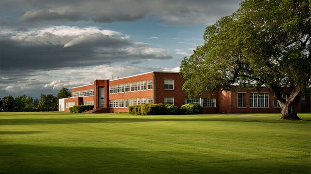School Building with Green Lawn and Trees for Education Campus, Academic Learning, Elementary School, College, University, and Educational Institution Background
