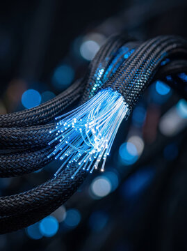 Glowing Blue Fiber Optic Cable Bundle Data Transfer High Speed