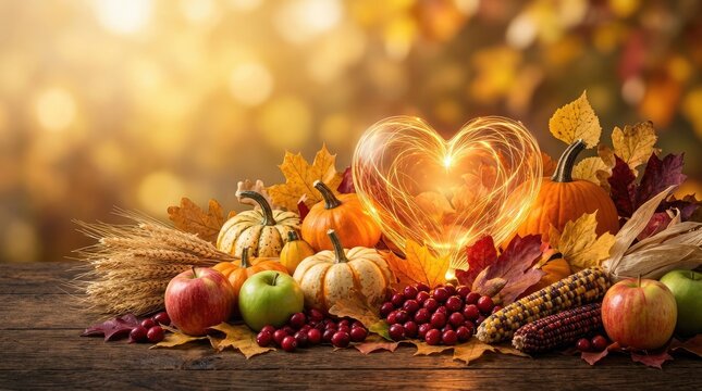 Glowing light heart over autumn harvest pumpkins apples and corn with copy space