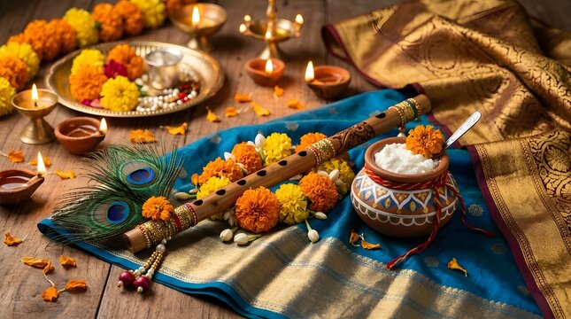 Traditional Krishna Puja Offering with Flute, Peacock Feathers, Flowers, Fruits, and Sweets