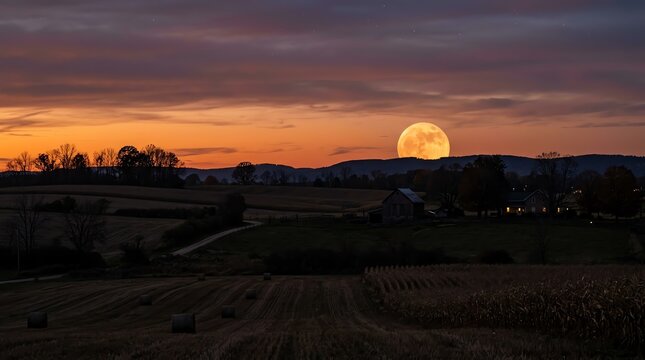 Full Moon Rising Over Autumn Farmland at Dusk