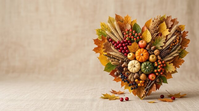 Standing heart arrangement of fall foliage pumpkins and wheat on linen fabric with copy space