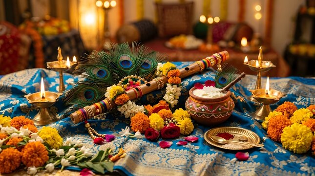 Traditional Krishna Puja Offering with Flute, Peacock Feathers, Flowers, Fruits, and Sweets