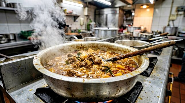 Steaming Hot Pot With Meat and Vegetables on Commercial Gas Stove in Busy Kitchen