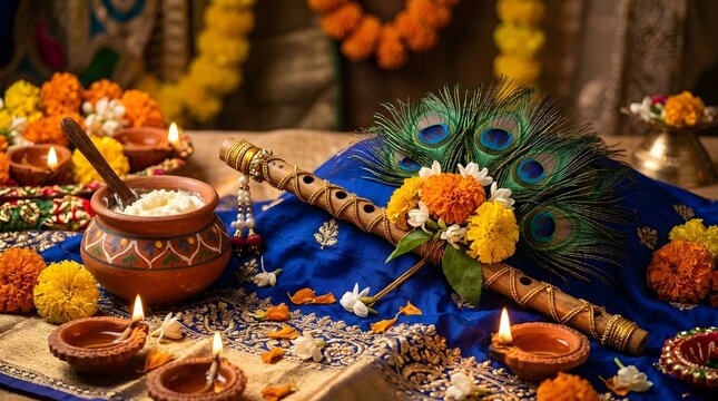 Traditional Krishna Puja Offering with Flute, Peacock Feathers, Flowers, Fruits, and Sweets