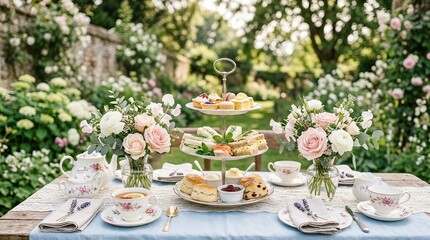 Fototapeta premium Elegant outdoor springtime tea party setting with delicate floral arrangements and pastel colored tableware on a linen covered table