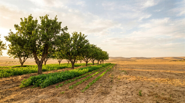 Rows of green crops under shade trees in dry field