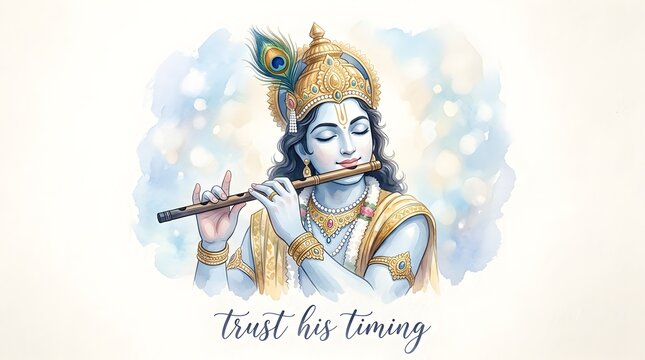 Peaceful Lord Krishna Playing Flute with Peacock Feather Crown and Inspirational Message