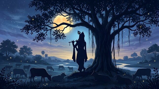 Silhouette of Lord Krishna Playing Flute Under a Moonlit Tree in a Peaceful Countryside