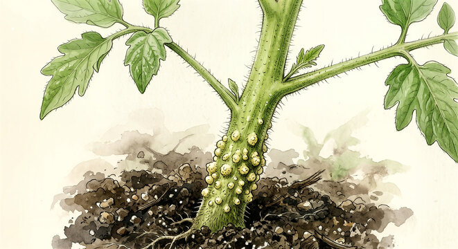 Tomato plant stem with adventitious roots