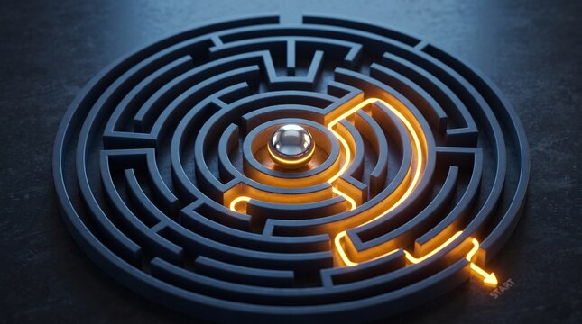 Complex maze navigation concept with highlighted path representing strategic decision making and business solutions