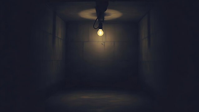 A dimly lit basement with a single bare lightbulb casting long shadows on concrete walls.