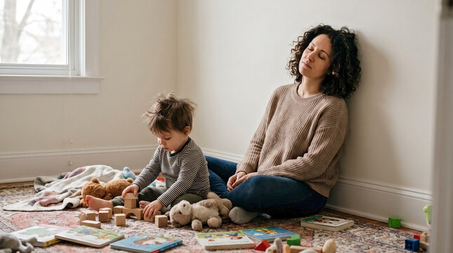 Tired mother rests against bedroom wall, eyes closed, as her toddler plays quietly with blocks on floor. Exhausted tired mother finds moment of peace while child engages with toys