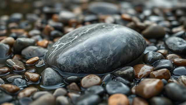 A smooth soapstone rock rests among wet river pebbles.