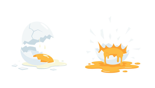 Flat vector illustration of two cracked eggs showing runny raw yellow yolk on white surface next to broken eggshells.