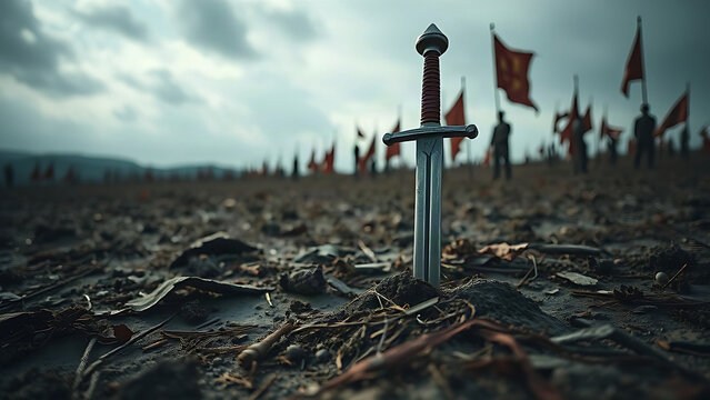 Medieval longsword plunged into the ground on an empty battlefield.