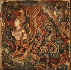 Fototapeta premium thai style painting art. ancient Thai mythical creature - Kinnari (female) : upper body in human and the lower of bird or swan, lived in Himmapan forest.