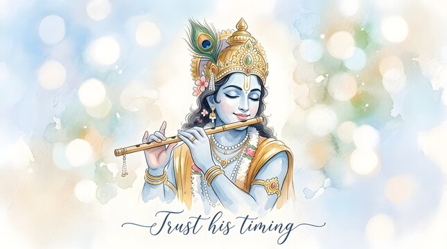 Peaceful Lord Krishna Playing Flute with Peacock Feather Crown and Inspirational Message