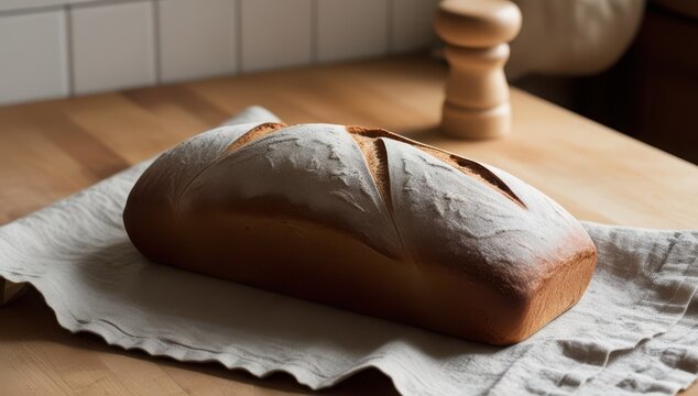 Freshly Baked Artisan Bread Loaf Dusted with Flour on Linen Cloth placed on Wooden Kitchen Island with Salt Shaker in Background